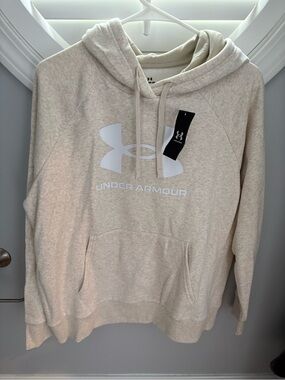 New Under Armour Women's Rival Fleece big logo Hoodie Oatmeal Light - LG